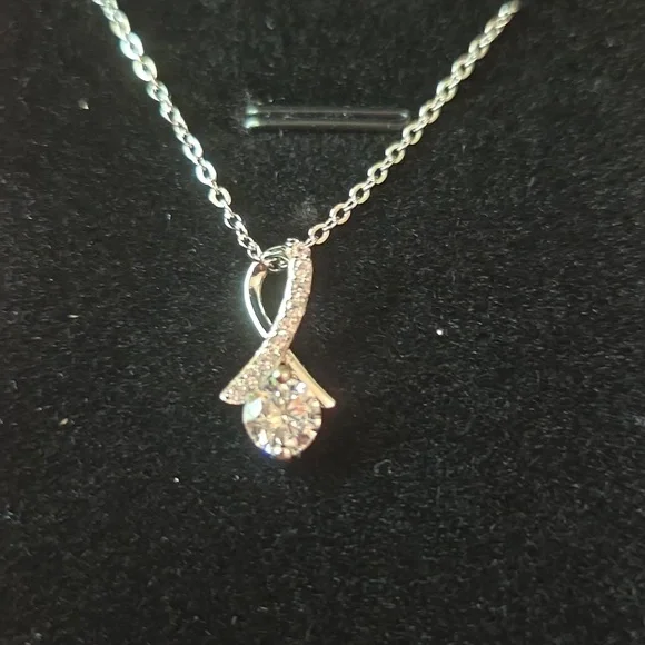 Sterling Silver Cubic Zirconia Drop Pendant Necklace - Pink Box - Picture 2 of 2